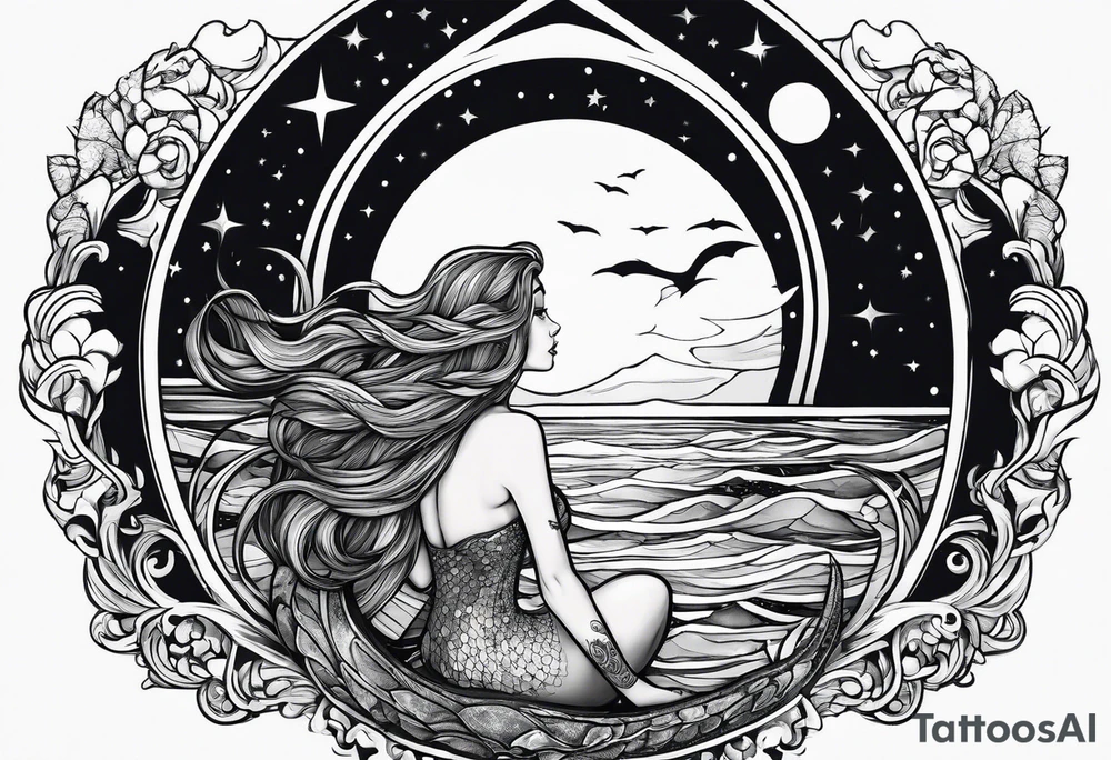A mermaid looking out into the night sky and ocean horizon tattoo idea