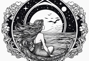 A mermaid looking out into the night sky and ocean horizon tattoo idea