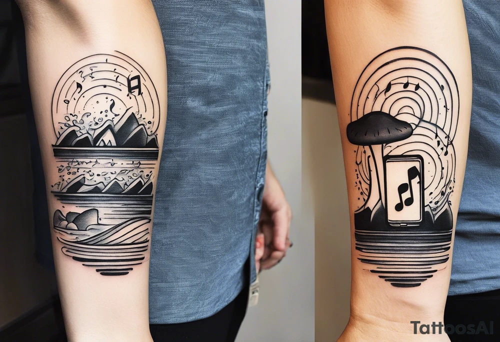 simple icons down the back of the arm featuring four icons:

1. a music note on a staff
2. a wave of water
3. a pocket
4. mushroom tattoo idea