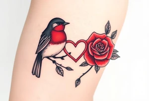 Robin and red rose with infinity heart tattoo idea