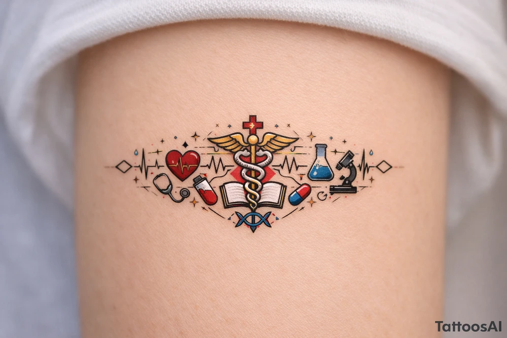 Now, based on the picture I've liked, make it 3 times wider, and add medical theme, and keep the original band and color theme. tattoo idea