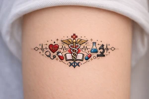 Now, based on the picture I've liked, make it 3 times wider, and add medical theme, and keep the original band and color theme. tattoo idea