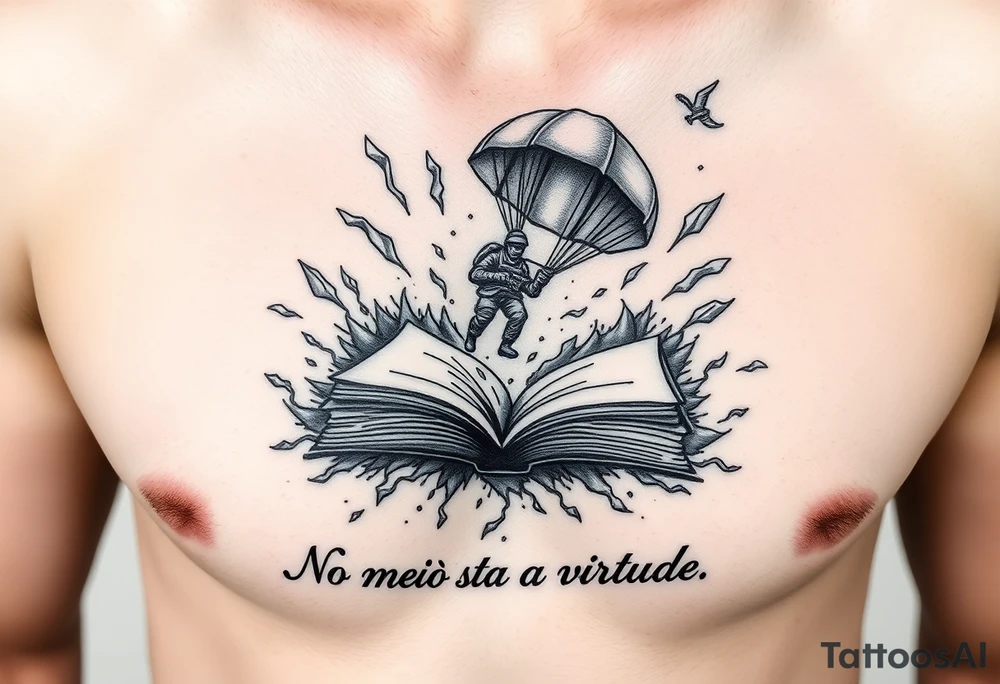 A parachuting soldier landing into an open book. Chaos surrounding, but the book is protecting the soldier from it. On the chest. Make it smaller. Make it thought provoking. "No meio esta a virtude" underneath the book tattoo idea