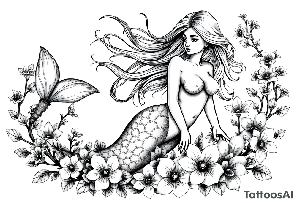 ethereal mermaid with flowing hair among coral and sea flowers tattoo idea