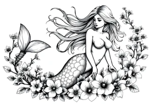 ethereal mermaid with flowing hair among coral and sea flowers tattoo idea