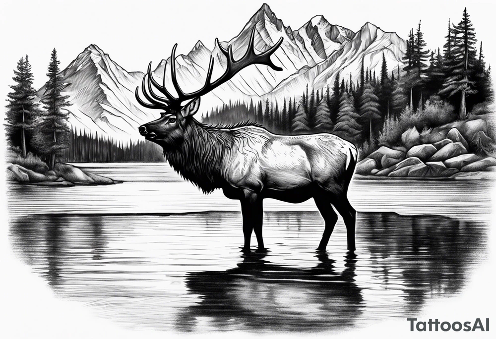 elk with mountains and lake tattoo idea