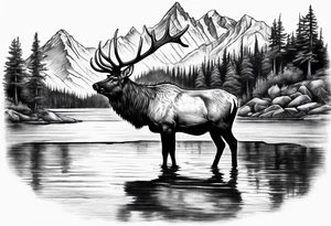 elk with mountains and lake tattoo idea