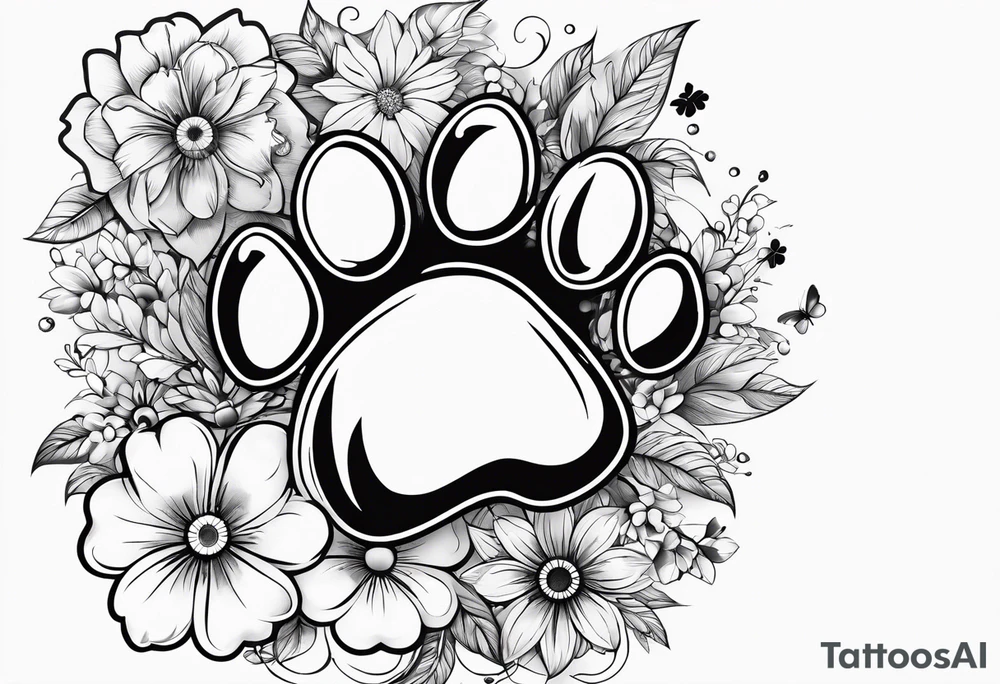 Generate a tattoo of a paw print with flowers and butterflies tattoo idea