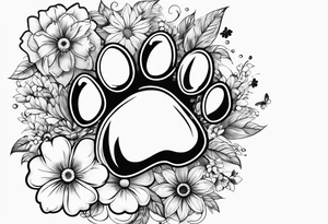 Generate a tattoo of a paw print with flowers and butterflies tattoo idea