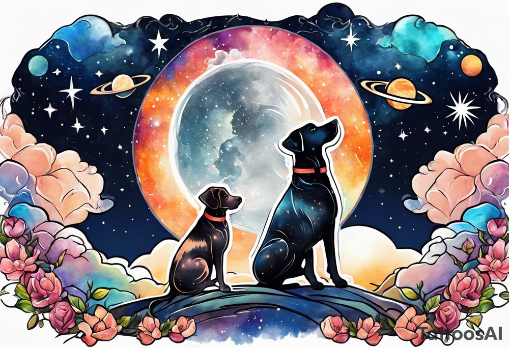 A person and 3 dogs looking up at space tattoo idea