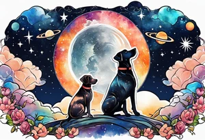 A person and 3 dogs looking up at space tattoo idea