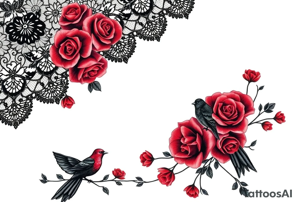 Vintage black lace, red roses, red birds, vintage, wrap around, tighter together, no space open tattoo idea