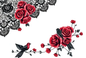 Vintage black lace, red roses, red birds, vintage, wrap around, tighter together, no space open tattoo idea