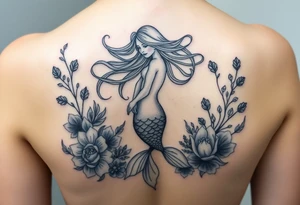 ethereal mermaid with flowing hair among coral and sea flowers tattoo idea
