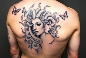 Side portrait of Medusa with snakes, flowers and butterflies tattoo idea