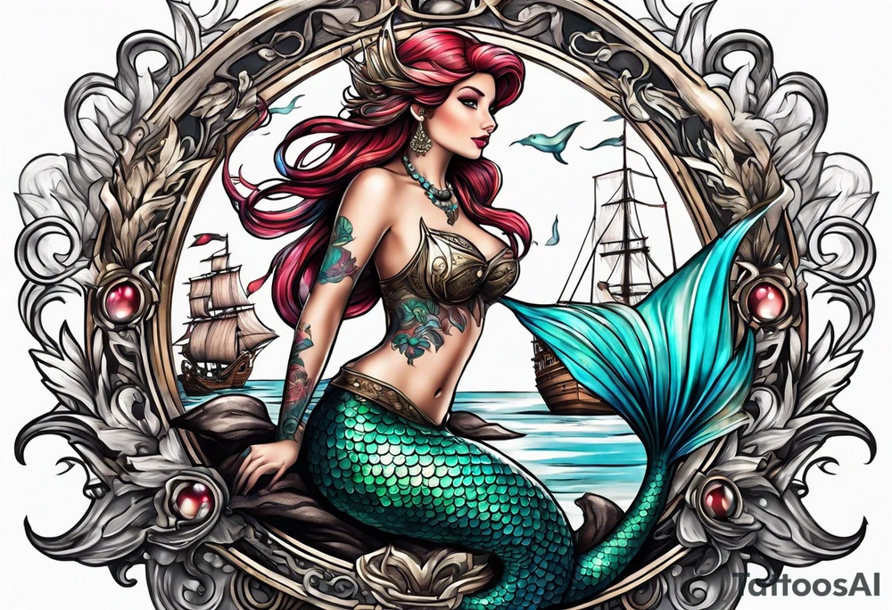 mermaid with galleon ship tattoo idea