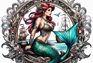 mermaid with galleon ship tattoo idea
