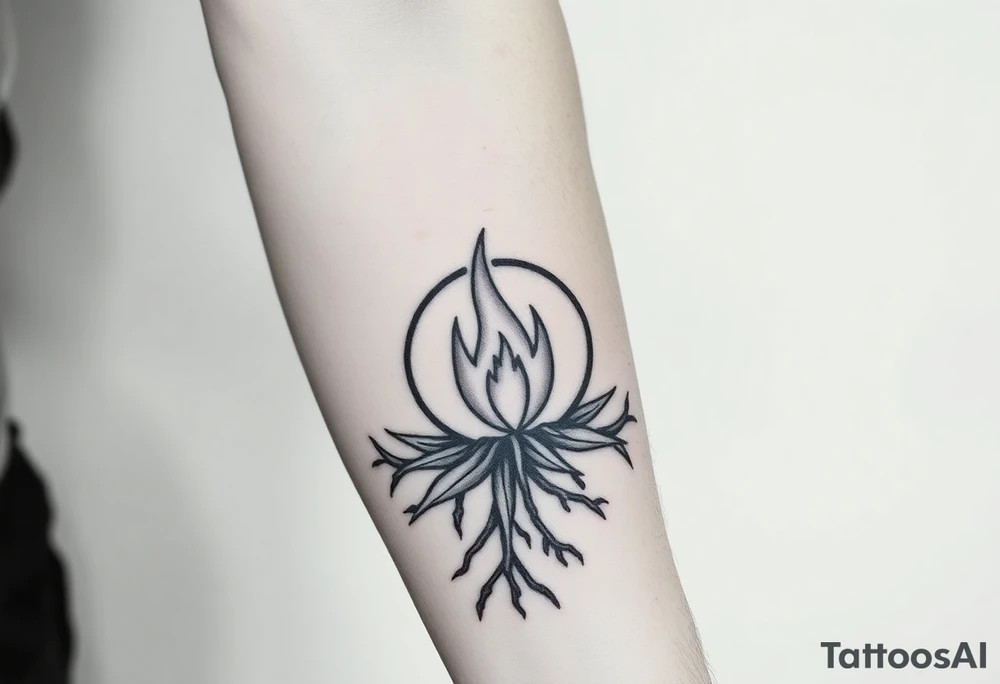 a round flame imprisoned in a roots circle tattoo idea