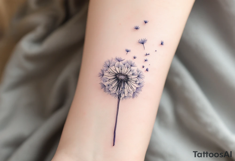 Delicate faded dandelion in soft gray ink, seeds gently floating upward with a whisper of pastel lavender. tattoo idea