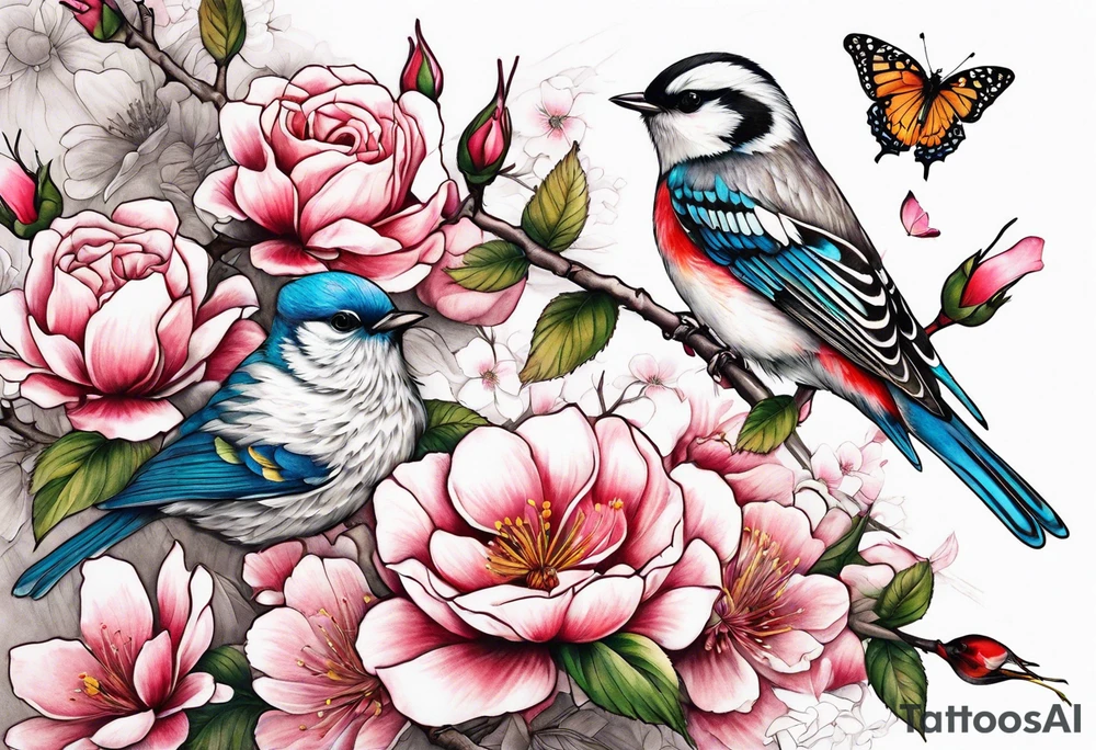 Japanese cherry blossom with birds, butterflies and rose tattoo idea
