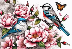 Japanese cherry blossom with birds, butterflies and rose tattoo idea