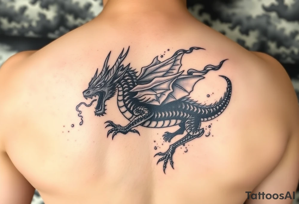fierce dragon breathing iridescent fire against stormy skies tattoo idea