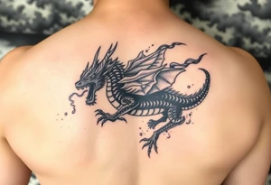 fierce dragon breathing iridescent fire against stormy skies tattoo idea