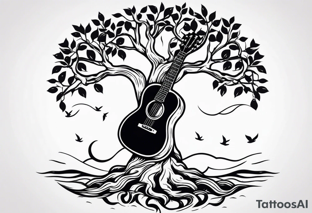 tree with guitar neck as trunk and roots are an anchor tattoo idea