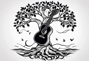 tree with guitar neck as trunk and roots are an anchor tattoo idea