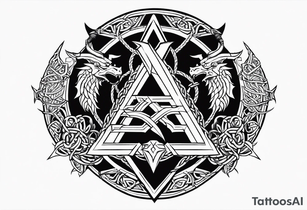 Valhalla sword shield dragon axe Valknut barbed wire chains tattoo idea Valhalla sword shield dragon axe Valknut barbed wire chains tattoo idea