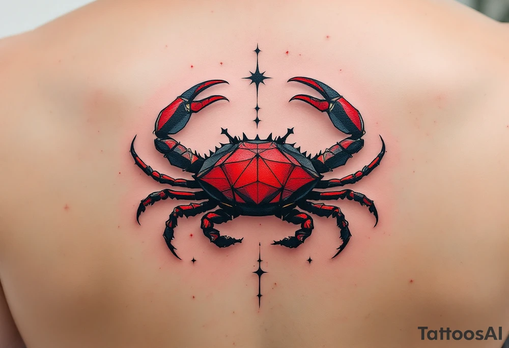 Black-inked Cancer star constellation lines dance above a crimson crab, symbolizing strength and intuition. tattoo idea
