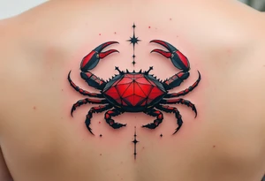 Black-inked Cancer star constellation lines dance above a crimson crab, symbolizing strength and intuition. tattoo idea