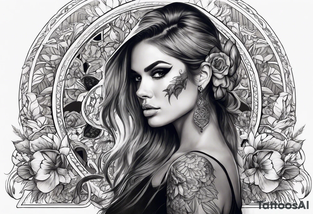 Half skull half beautiful lady face tattoo idea