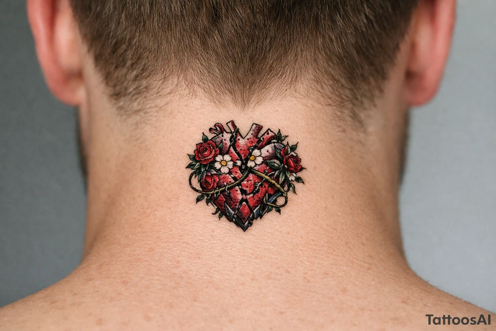 Anatomical heart broken beyond repair entwined by blooming vines, full chest piece. tattoo idea