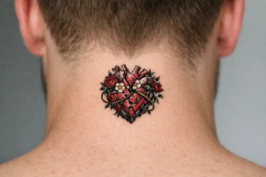 Anatomical heart broken beyond repair entwined by blooming vines, full chest piece. tattoo idea