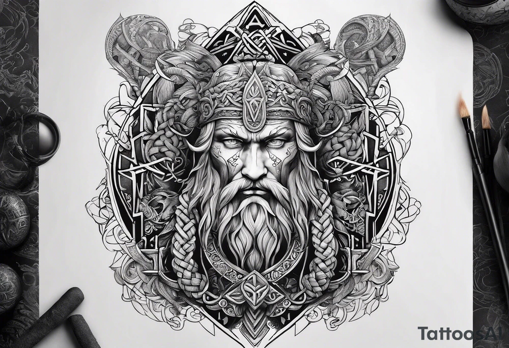 Nordic gods with runes and knots tattoo idea