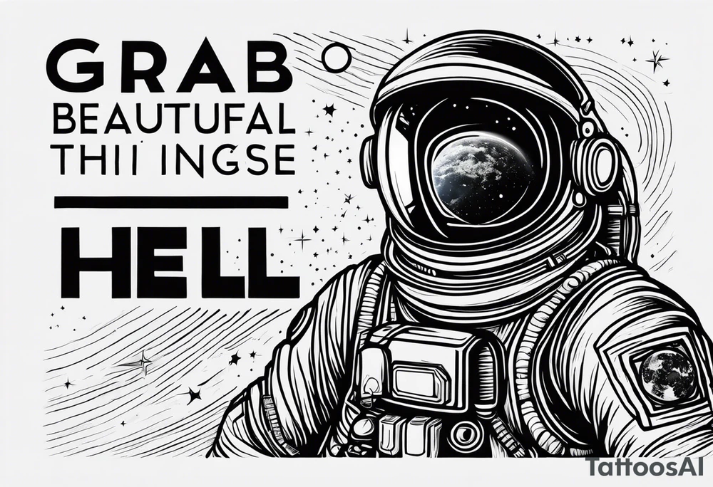 Astronaut, space suit, text “grab all the beautiful things in life and fight like hell”, simple lines tattoo idea