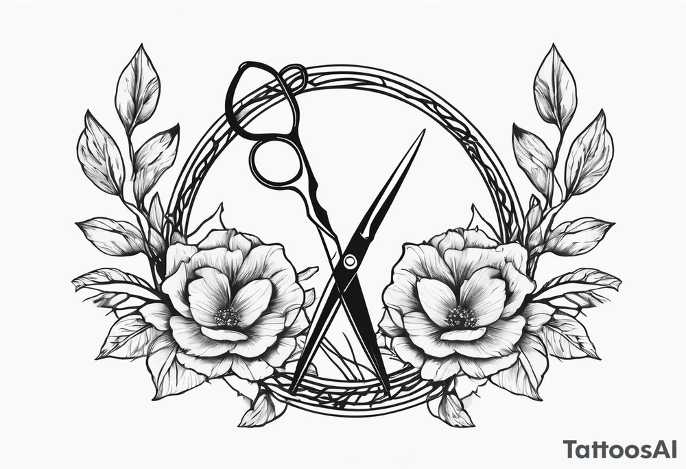 flowery vines with leaves with a lowkey pair of scissors for cutting hair tattoo idea