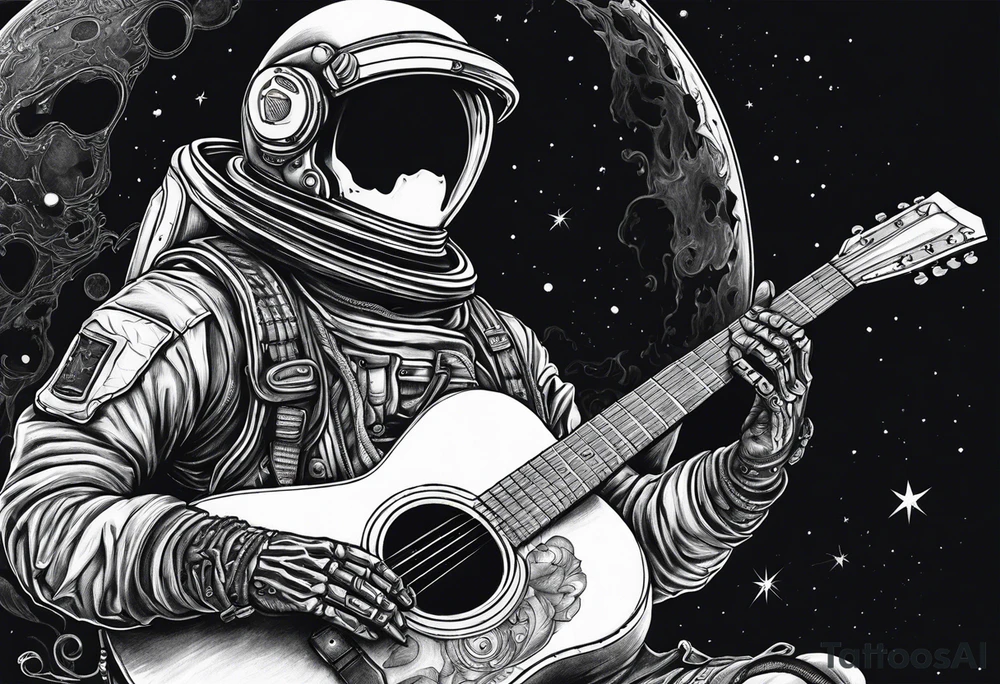 Skeleton astronaut playing acoustic guitar tattoo idea