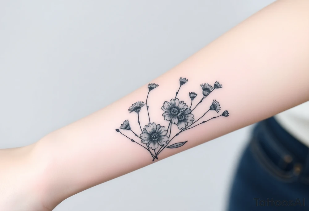 Wildflowers in a line with a lot of dark shading tattoo idea