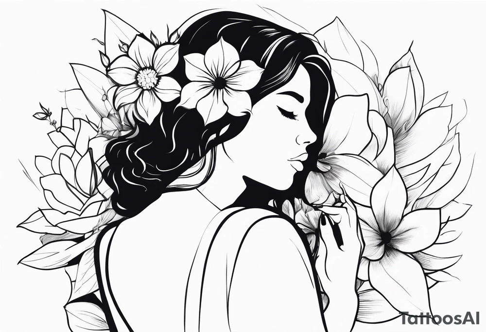 Girl with blooming flower as her head kneeling tattoo idea