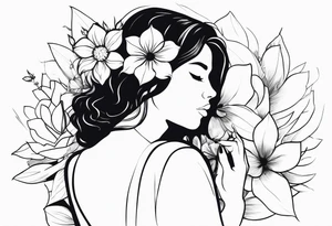 Girl with blooming flower as her head kneeling tattoo idea