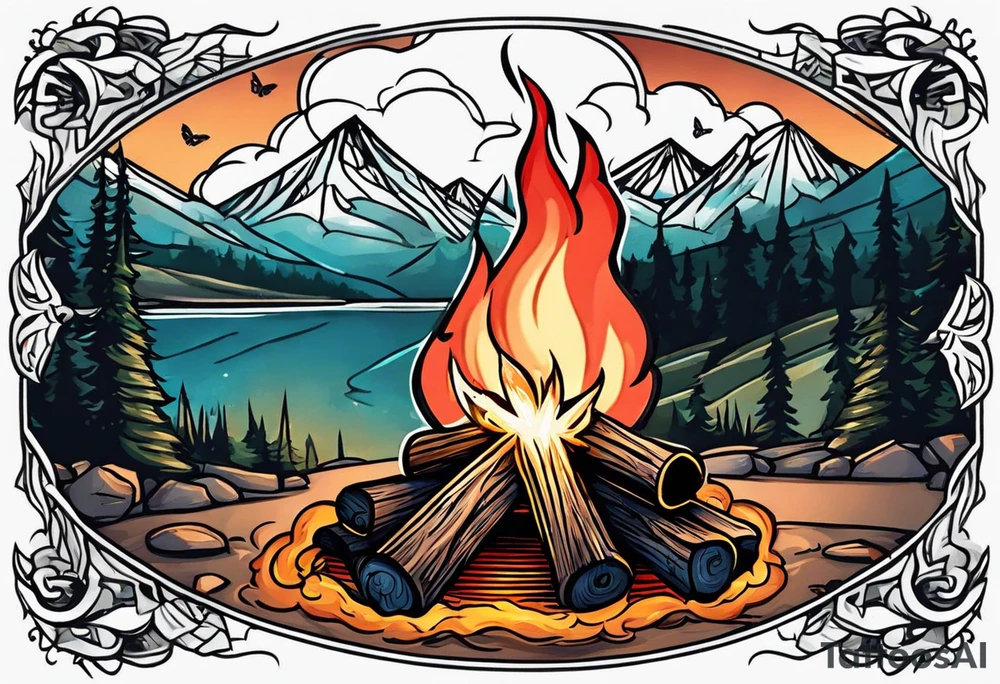 Campfire with small Moth flying above tattoo idea