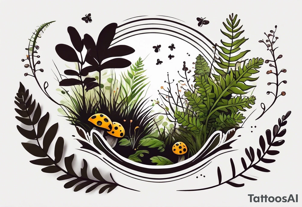 minimalistic forest floor inspired tattoo, which includes grass, moss, curly ferns and dead leaves as the bulk of the tattoo. details to include: forest berries, couple of very small brown mushrooms, a tiny bumblebee flying nearby tattoo idea