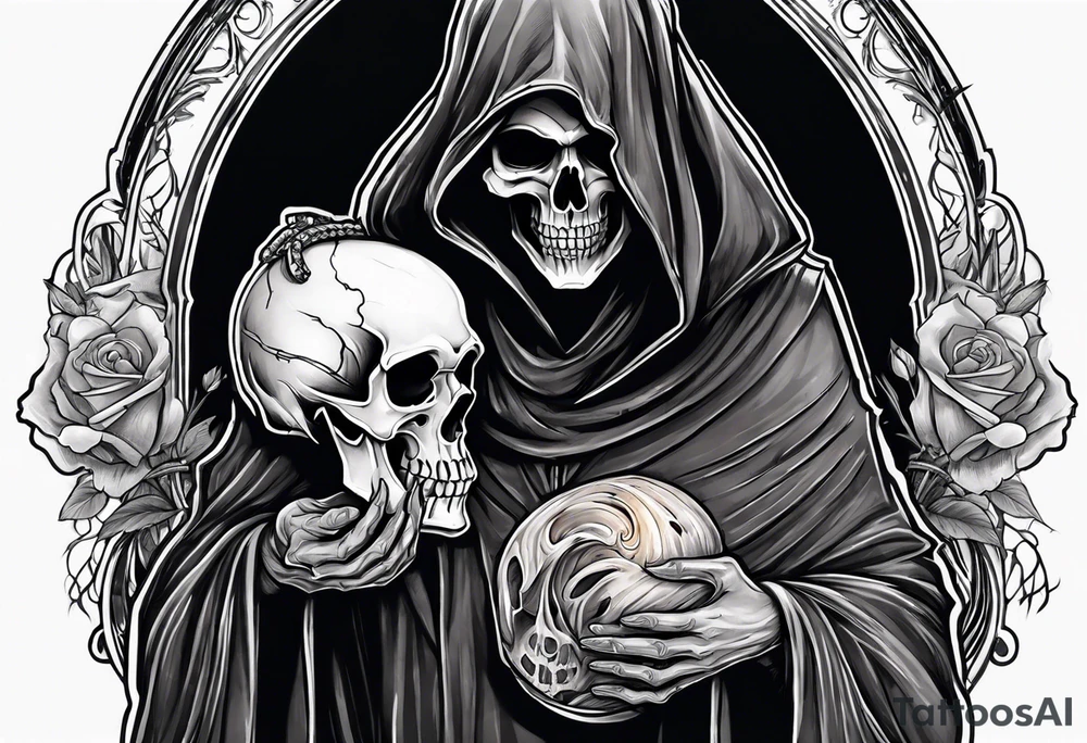 Grim Reaper holding a skull with smoky background tattoo idea