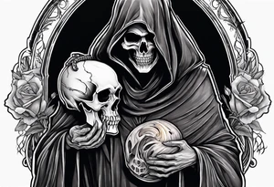 Grim Reaper holding a skull with smoky background tattoo idea