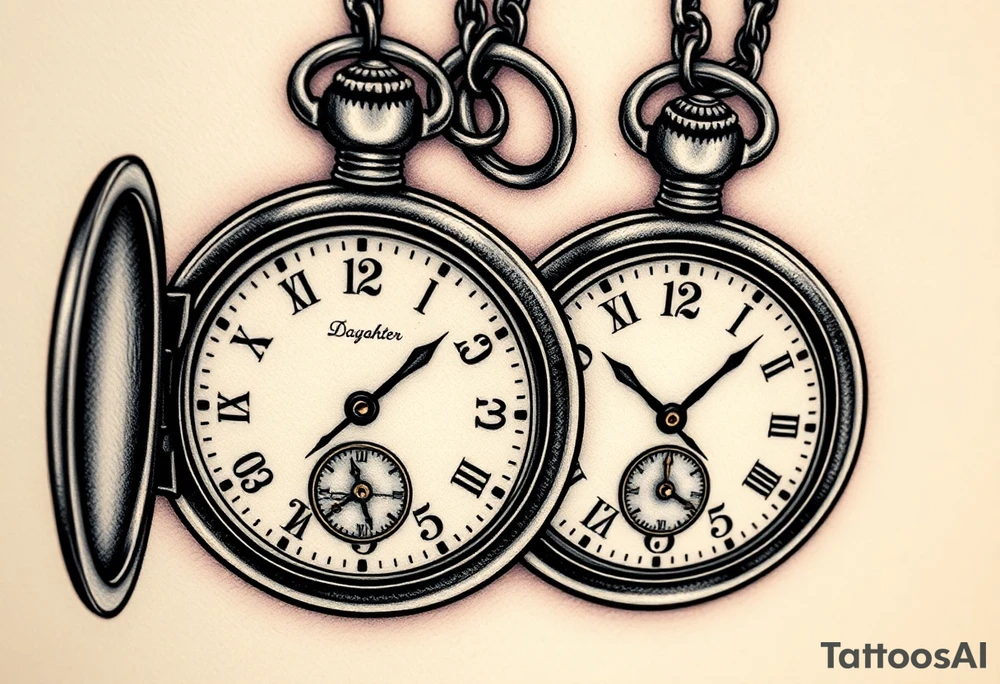 Connection to my kids. Two Daughters 
Realism focused. 
Timepiece - Pocket watch.
Two pockets watches. 1 for each of my two daughters 
Fob/ watch chains to be part of the Tattoo.
Fob/ watch chains intertwine signifying my kids to keep close and have each other's back.
Show a lot of internal mechanisms of the watch. Cogs, gears etc. 
Both my kids were born on the day 5th of month. The small hand of both pocket watches should point to the 5 on the pocket watches.  
On one pocket watch the big hand should point to 4 as the eldest born in April. 
On the other picket watch the big hand should point to 11 as the youngest born in November.
Do not put D.O.B on design. 
No animals.
No flowers.
No religious effigies like angels or prayer hands.
Focus on a mechanical look and feel. Added focus on realism. 
No broken dials. Pocket watches should be perfect.
Add detail to make design 3D.
The artwork forms part of the skin rather than being on top of it. Weave the artwork into my skin. 
My kids are what keep me going and my motivation - This is the theme on this design. tattoo idea