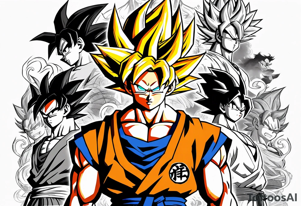 Son-Goku as a super saiyajin is in the middle and black Silhouettes of Gokus friends are surrounding him and covering his back tattoo idea