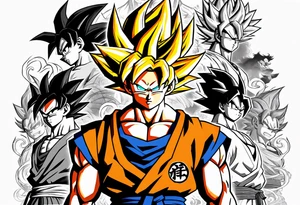 Son-Goku as a super saiyajin is in the middle and black Silhouettes of Gokus friends are surrounding him and covering his back tattoo idea