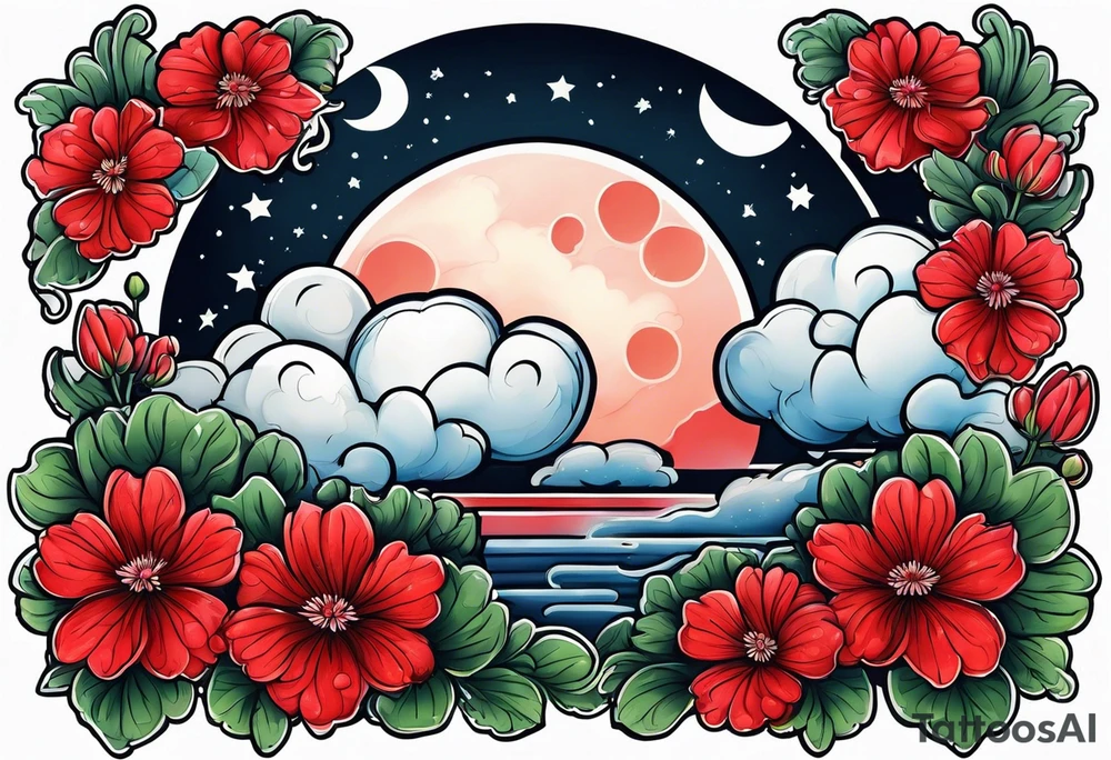 Raining cloud and moon with red geraniums tattoo idea